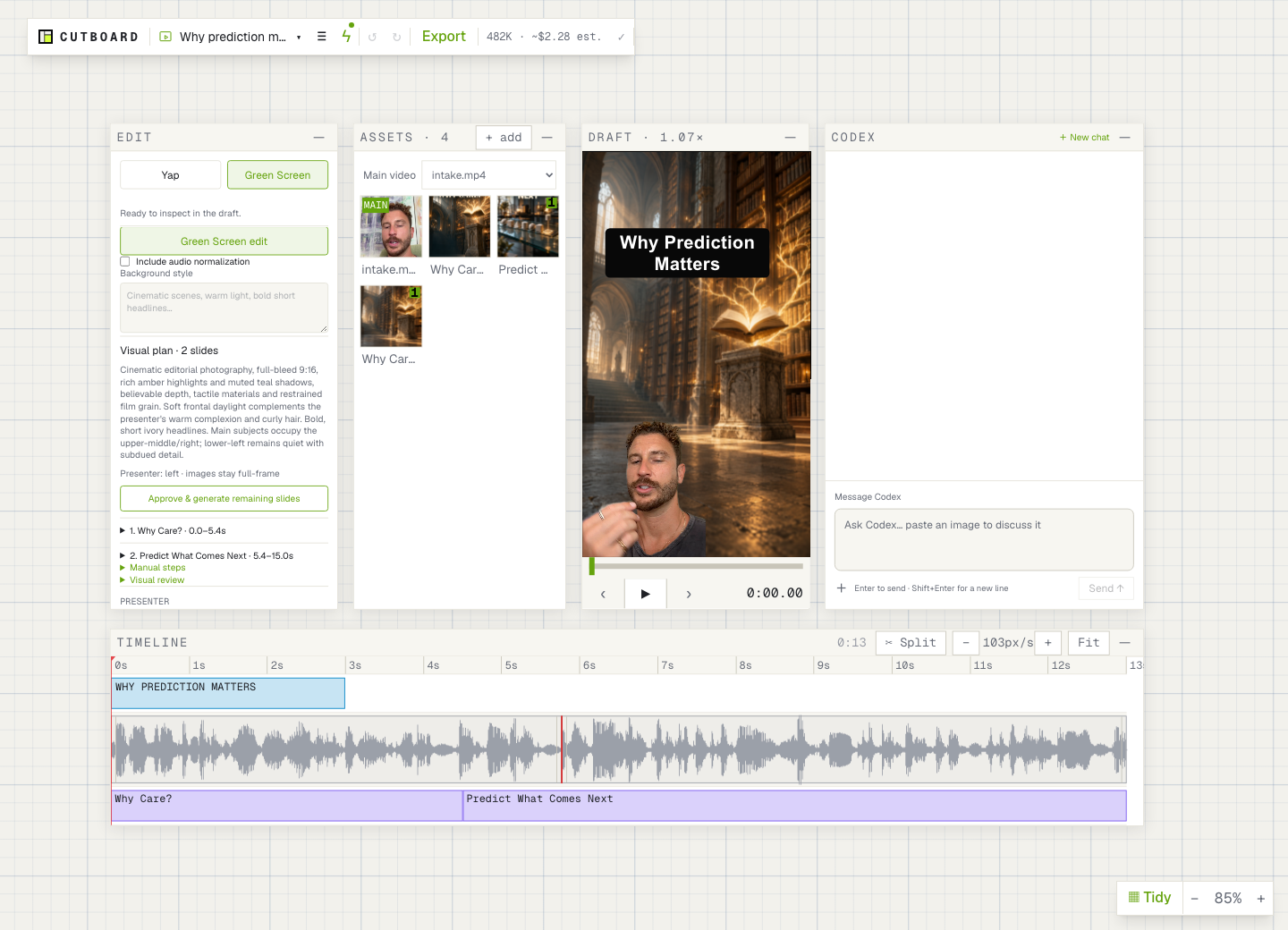 Cutboard’s light grid workspace with floating edit controls, assets, a video preview, Codex chat and timeline